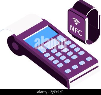 Isometric online mobile bank composition with icons of smart watch and payment terminal vector illustration Stock Vector