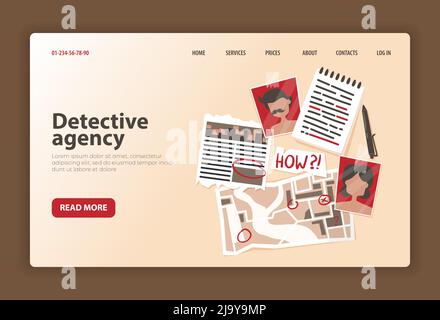 Detective agency website background landing page for private investigation company with clickable links buttons and text vector illustration Stock Vector