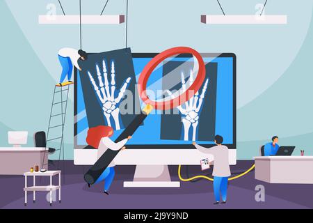 Medical center flat composition with desktop computer among doctors workplaces and shadow photographs of human bones vector illustration Stock Vector