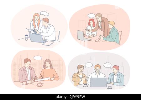 Teamwork, brainstorming, discussion, business, startup, negotiations concept. Business people partners coworkers cartoon characters discussing projects and startups together in office with laptops  Stock Vector