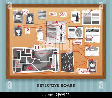 Detective board composition with text and rectangular wooden frame hanging on wall with pinned investigation materials vector illustration Stock Vector