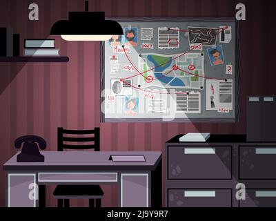 Detective board office interior composition with indoor view of private investigators workspace with pieces of furniture vector illustration Stock Vector