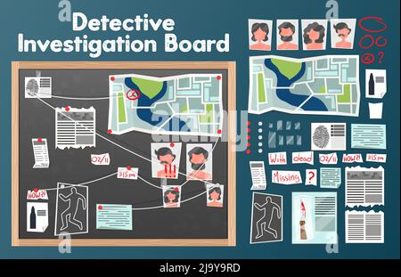 Detective board set with text and isolated images of pins photographs of suspects with newspaper clippings vector illustration Stock Vector