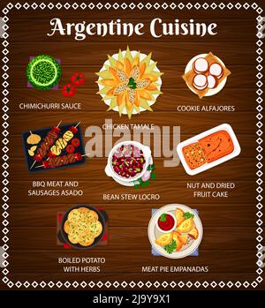 Argentina food, Argentinian bbq and Argentine empanadas with chimichurri, vector cuisine menu. Argentine stew and grill barbecue meat, restaurant lunch and dinner, traditional meal dishes Stock Vector