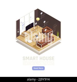 Internet of things isometric interior of smart room with router smart tv home speaker assistant floor lamp with remote control from smartphone vector Stock Vector