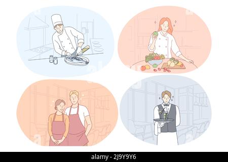 Restaurant worker, cook, chef, waiter, barista concept. Young positive men and women restaurant workers in uniform and aprons cooking, serving food and drinks, waiting for guests during working day Stock Vector