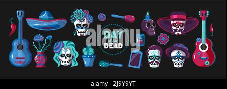 Day of dead cartoon color set of  ethnic mexican items holiday mask and national wear isolated on black background vector illustration Stock Vector