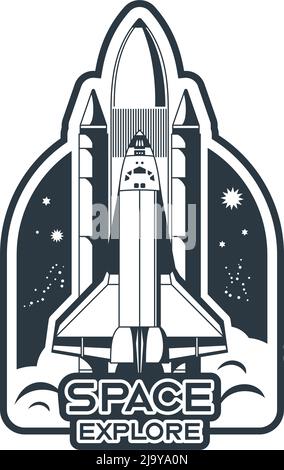 Space emblem monochrome composition with editable text and view of space shuttle taking off vector illustration Stock Vector