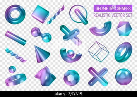 Realistic geometric shapes color transparent set with isolated 3d geometrical bodies painted in gradient colour shades vector illustration Stock Vector