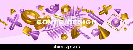 Geometric shapes trendy objects header cover realistic horizontal banner with golden violet cross cone palm leaf vector illustration Stock Vector