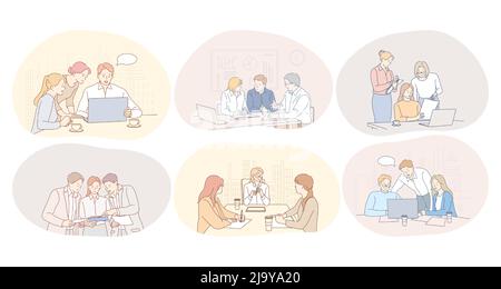Teamwork, communication, meeting, discussion, collaboration concept. Business people partners coworkers cartoon characters discussing projects, having brainstormings and meetings in office  Stock Vector
