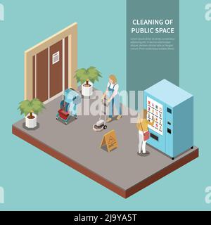 Professional cleaning service for public foyer and entrance areas using industrial vacuum cleaner isometric composition vector illustration Stock Vector