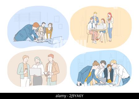 Brainstorming, Teamwork, business, office, negotiations, collaboration concept. Young business people partners coworkers cartoon characters discussing projects together in office, communicating  Stock Vector