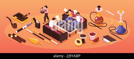 Isometric hookah tobacco smoke narrow composition with group of people smoking shisha and cigarette products icons vector illustration Stock Vector
