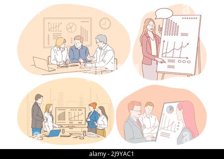 Marketing finance teamwork business communication presentation, statistics concept. Business people cartoon characters discussing profits, development during brainstorming, making presentations  Stock Vector