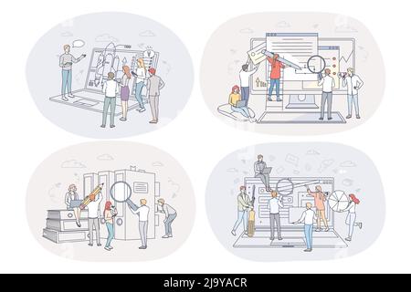 Finance, analytics, marketing, development, teamwork, business concept. People business partners workers analysing financial data and information statistics and discussing projects together in office Stock Vector