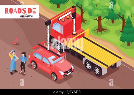 Isometric tow truck composition with outdoor scenery of car being loaded on lorry vehicle with text vector illustration Stock Vector