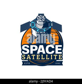 Space satellite vector icon with antennas, solar panels and galaxy planet. Telecommunication satellite isolated symbol. Telecommunication technology, television, telephony and radio broadcast Stock Vector