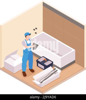 Isometric repairs composition with view of bathroom with character of repairman vector illustration Stock Vector