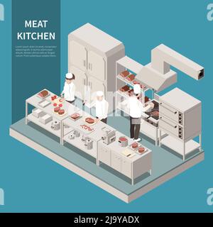 Industrial kitchen equipment isometric composition with professional cooks cutting baking grilling frying meat on range vector illustration Stock Vector