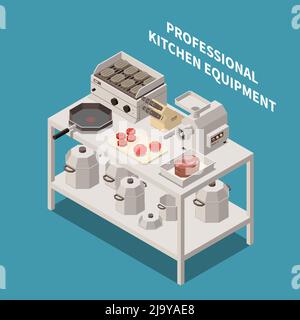 Professional kitchen equipment appliances isometric composition with industrial meat mincer chef knives electric grill pans vector illustration Stock Vector