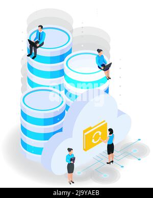 Cloud services isometric composition with icons of server capsules with cloud folder icons and human characters vector illustration Stock Vector