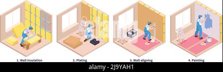 Isometric repairs set of four cubic shaped compositions text captions and different stages of decoration works vector illustration Stock Vector