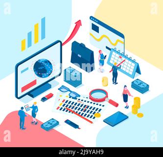 Accounting isometric design concept with calendar magnifier bag flash drive monetary denomination decorative icons vector illustration Stock Vector