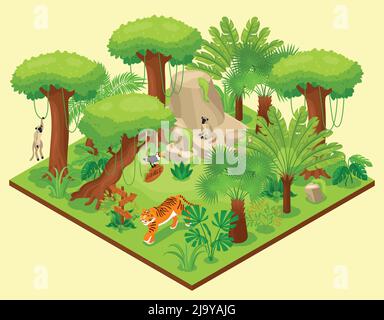 Isometric jungle composition with square platform with wild nature landscape tropical trees plants and exotic animals vector illustration Stock Vector