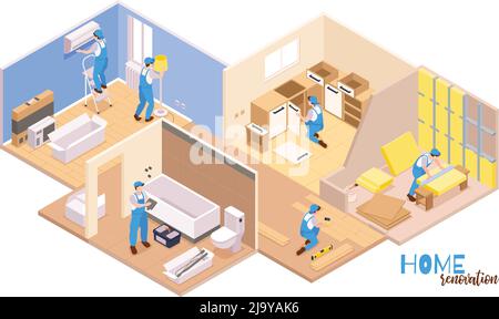 Isometric repairs composition with text and set of apartment rooms and workers performing various decoration works vector illustration Stock Vector