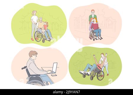 Disabled people on wheelchair living happy active lifestyle concept. Young disabled men and women on wheelchairs having family, working on laptop, walking in park, enjoying time and having fun  Stock Vector