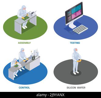 Semiconductor chip production isometric set of four isolated compositions with human characters of workers and computers vector illustration Stock Vector