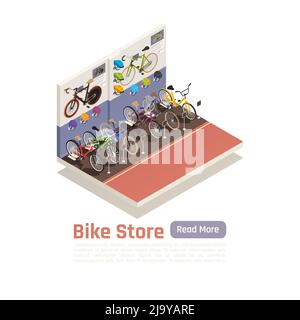Bike store isometric composition with different    models of bicycle price signs and information posters on wall vector illustration Stock Vector