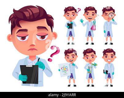 Student boy vector character set design. Male characters scientist collection in lab coat with friendly and confused facial expression for science. Stock Vector