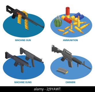 Army weapons soldier isometric set of compositions with text and machine guns carabins with ammunition items vector illustration Stock Vector
