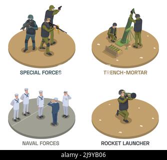 Army weapons soldier isometric compositions set with text and human characters of armed people with guns vector illustration Stock Vector