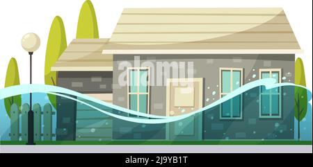 Natural disaster cartoon composition with view of street flooded with water vector illustration Stock Vector