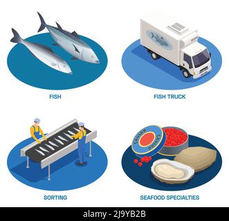 Fish industry seafood production isometric set of round compositions with fishes delivery truck and ready products vector illustration Stock Vector