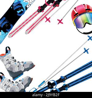 Winter sports equipment realistic frame with snowboard ski helmet boots on white background vector illustration Stock Vector