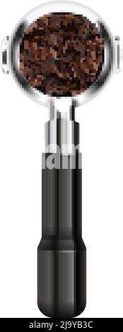 Barista coffee equipment realistic composition with isolated image of portafilter with coffee beans vector illustration Stock Vector