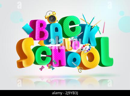 Back to school vector concept design. Back to school text in 3d typography patterns with colorful art tools elements for educational study decoration. Stock Vector