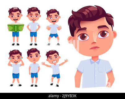 School boy vector character set design. Male student characters collection in friendly and thinking expression isolated in white background. Stock Vector
