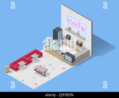 Food court isometric composition with view of empty cafe with sofa seats tables and bar counter vector illustration Stock Vector