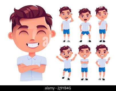 Student boy vector character set. Male school characters in friendly, funny and happy facial expression in  neat uniform for children education. Stock Vector