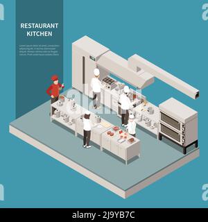 Restaurant professional kitchen isometric composition with industrial range electric grill oven refrigerator food cooking staff vector illustration Stock Vector