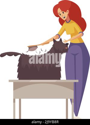 Grooming flat composition with character of woman combing out hairy dog vector illustration Stock Vector