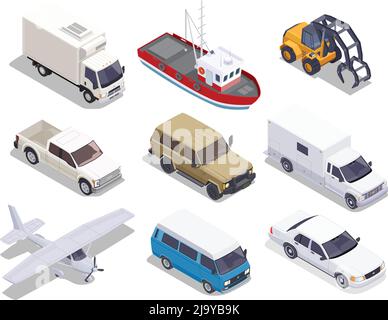Transport set of isolated isometric icons of cars trucks airplane and boat images on blank background vector illustation Stock Vector