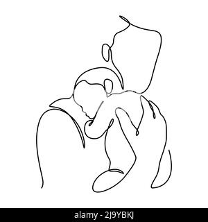 happy father's day continuous line art illustration. Baby sleeping on father's shoulder contour line drawing vector. Stock Vector