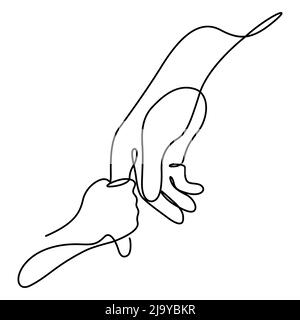 father and child hands continuous line illustration. One line drawing of adult and young palm hand holding with love vector. Stock Vector