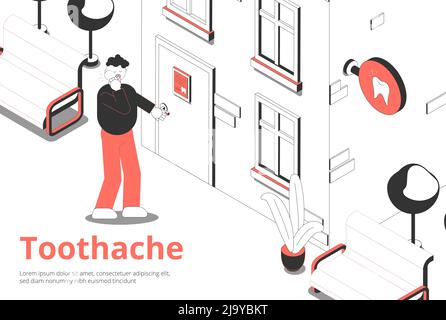 Man with toothache opens front door of dentist clinic isometric  composition with exterior sign board vector illustration Stock Vector